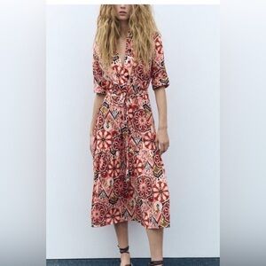 Zara Tropical Floral Midi Dress Tie Waist Button Front XL